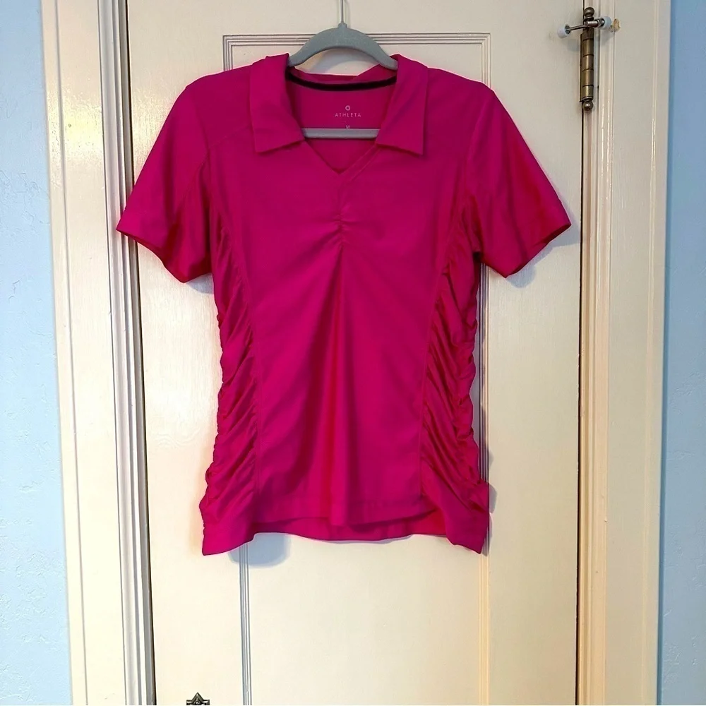 Athleta Top Birdie Rouched Collar Short Sleeves V-neck Pink Tennis Golf Size M